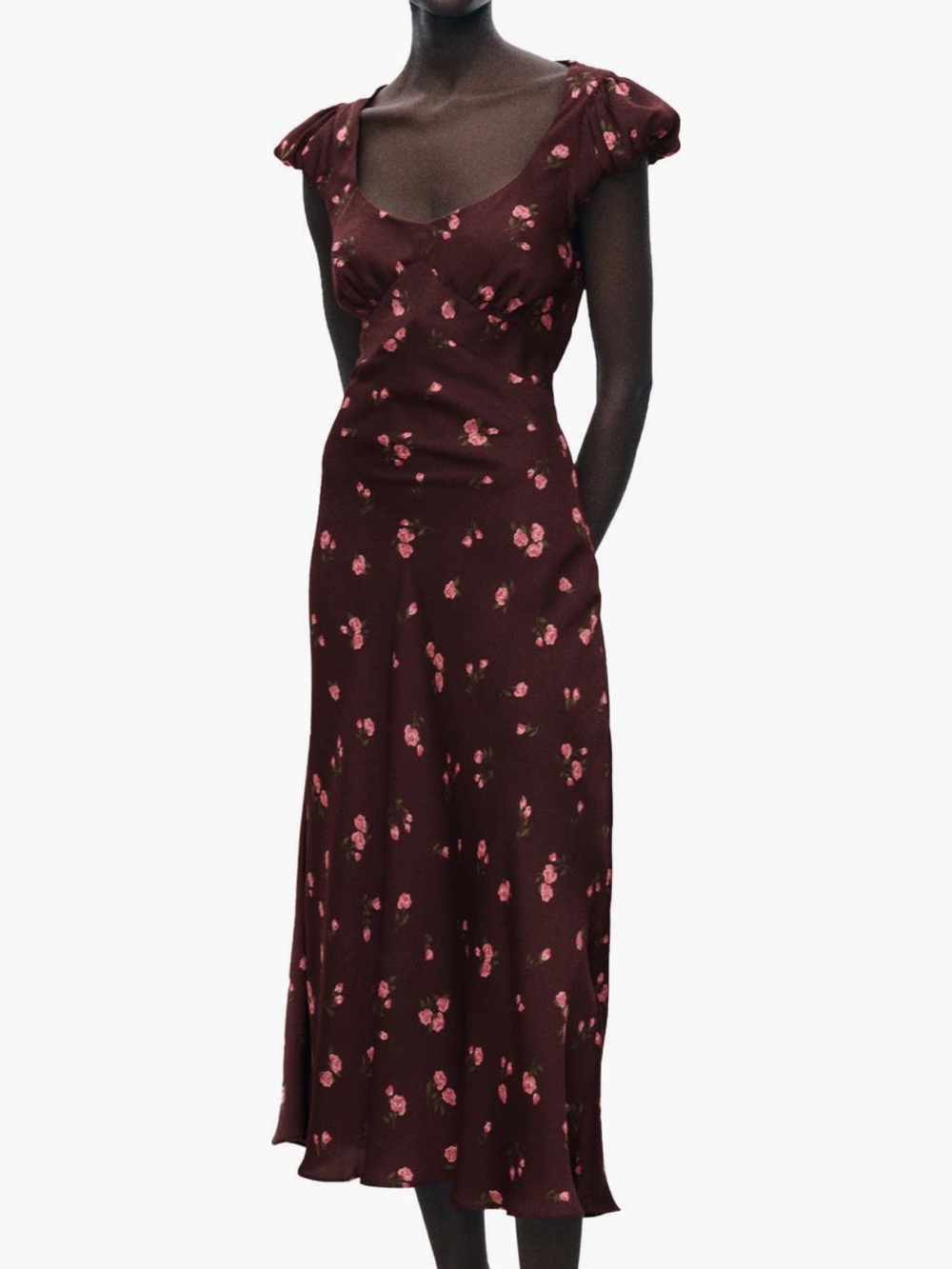 Mango Floral Print Cap Sleeve Midi Dress